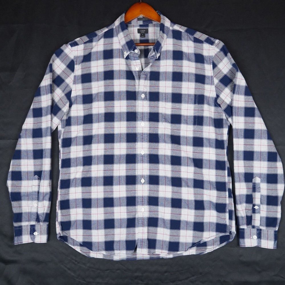 J Crew Oxford Shirt Mens XL Blue Plaid Slim Fit Long Sleeve Cotton Button Down